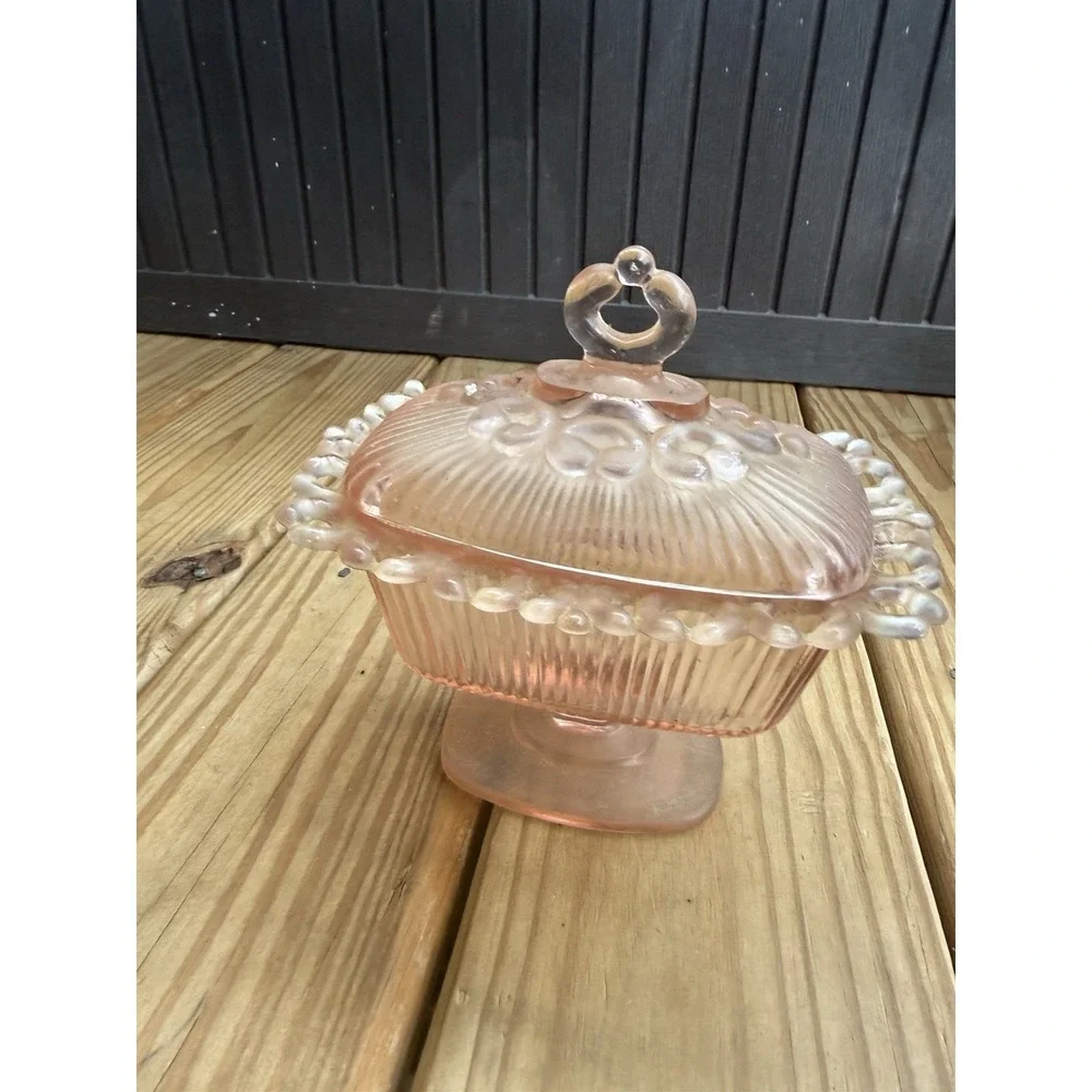 Indiana Depression Glass Laced Edge Pink Ribbon 7 1/8